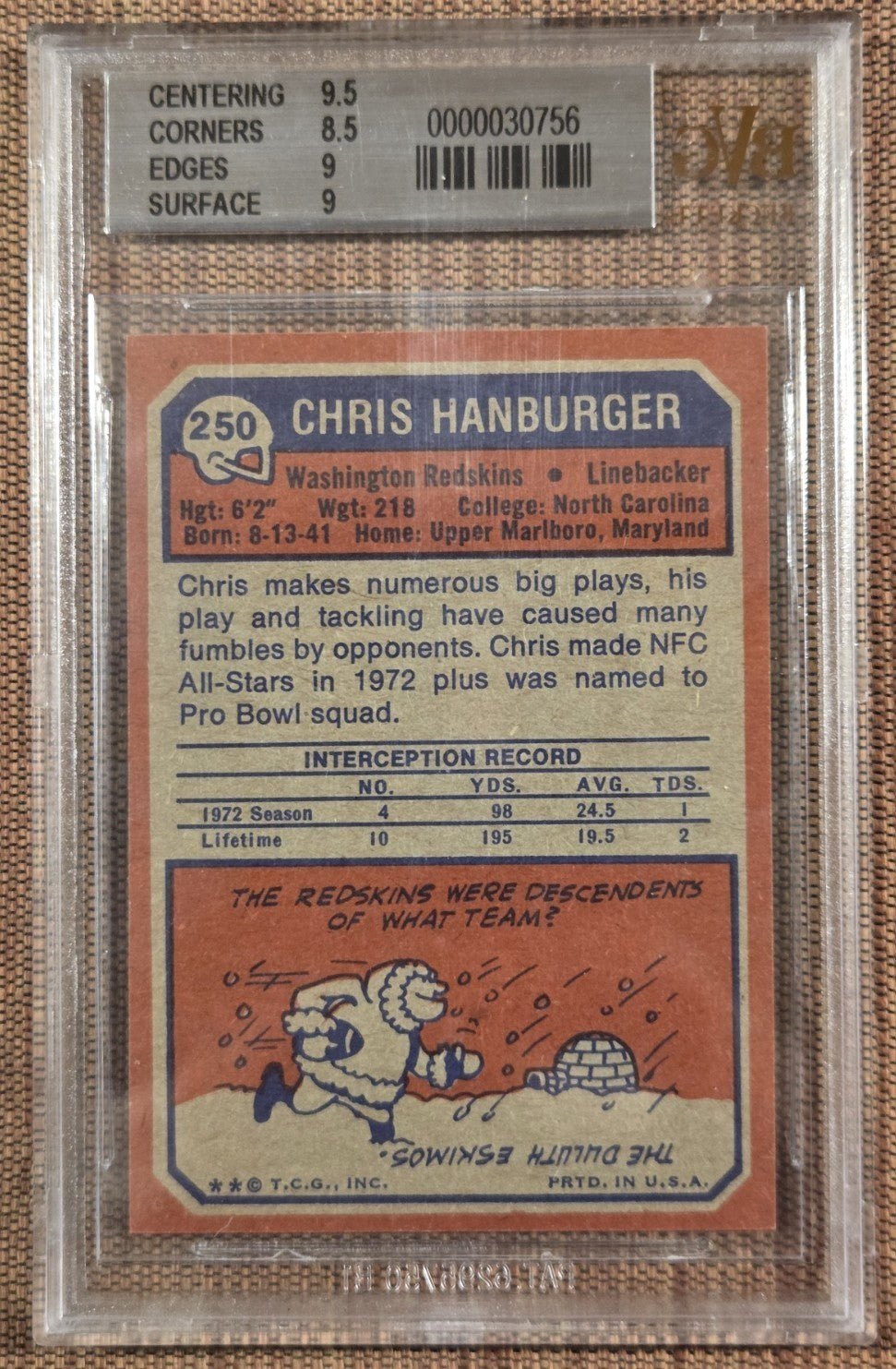 1973 Topps #250 Chris Hanburger Washington Redskins Football Card BVG 9 Mint1