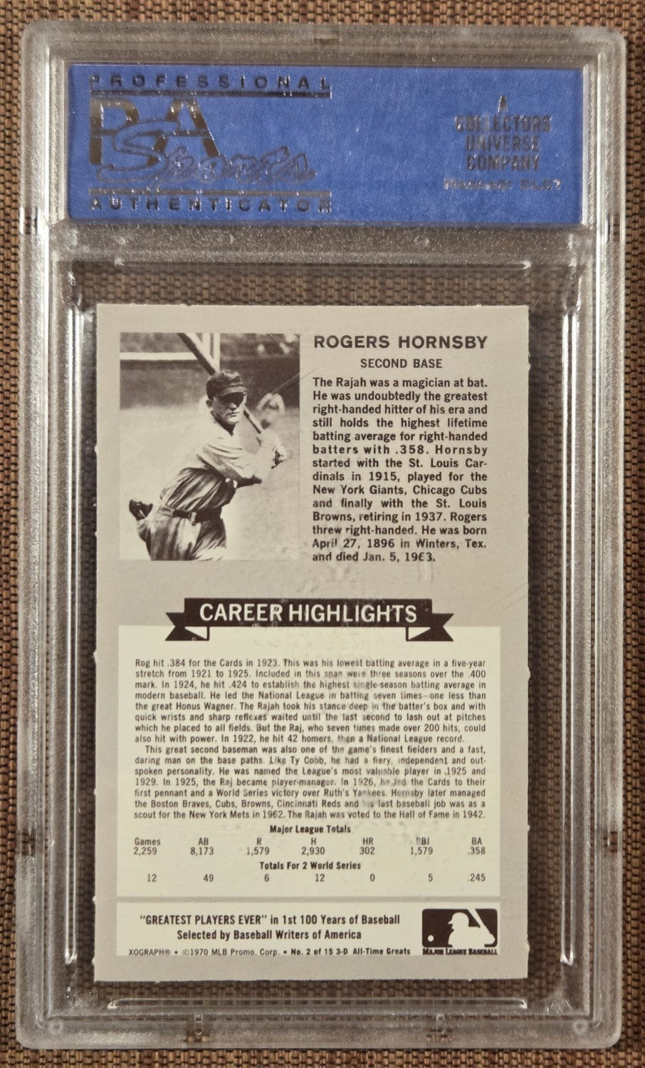 1970 Rold Gold Pretzels #2 Rogers Hornsby St. Louis Cardinals Baseball Card PSA91