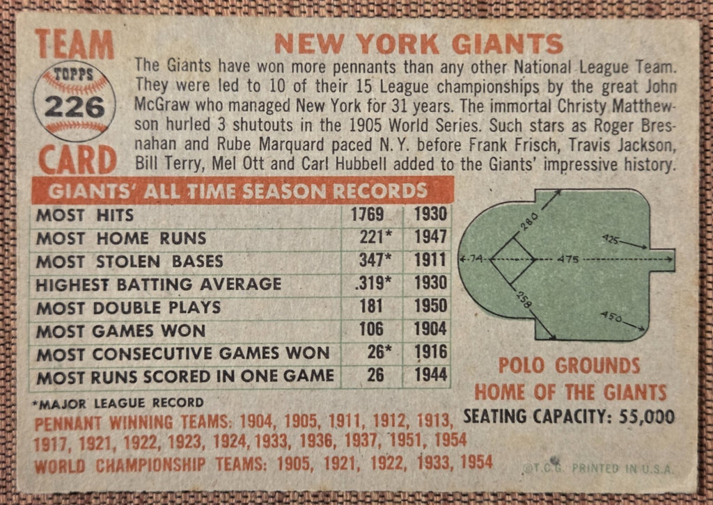 1956 Topps #226 New York Giants Baseball Card Willie Mays Irvin Dark Thompson5