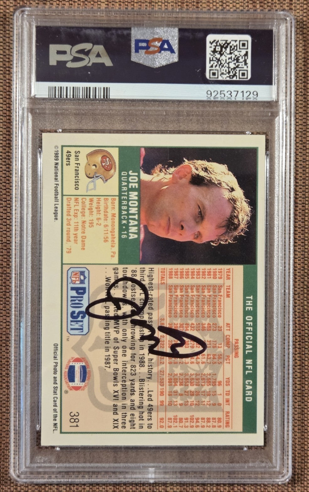 1989 Pro Set #381 Joe Montana San Francisco 49ers Football Card PSA /DNA 10 AUTO1