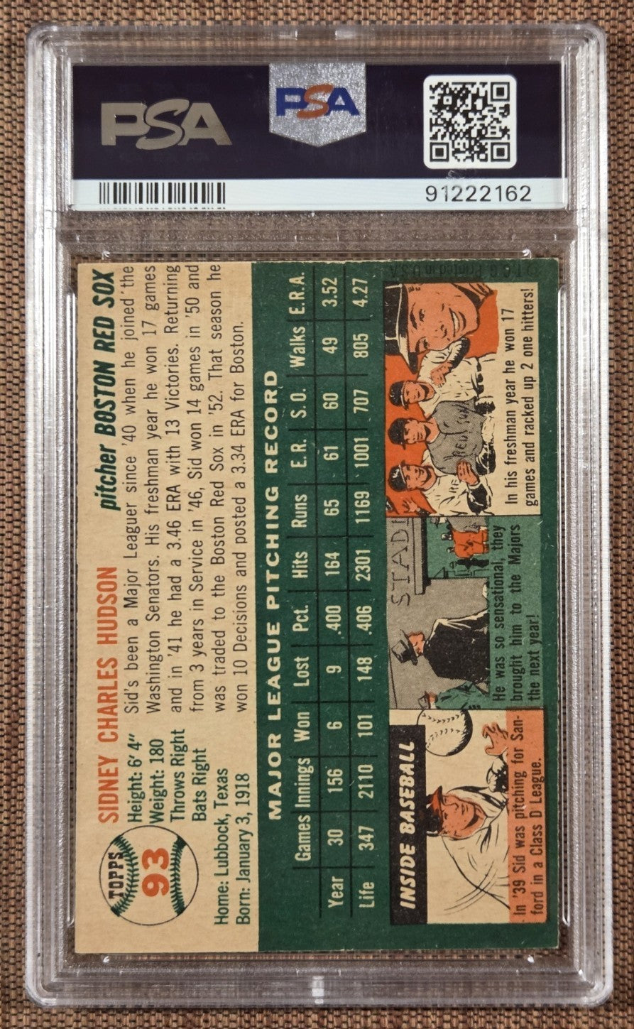 1954 Topps #93 Sid Hudson Boston Red Sox Vintage Original Baseball Card PSA 7 NM1