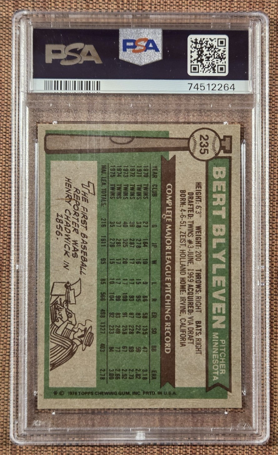 1976 Topps #235 Bert Blyleven Minnesota Twins Original Baseball Card PSA 7 NM1