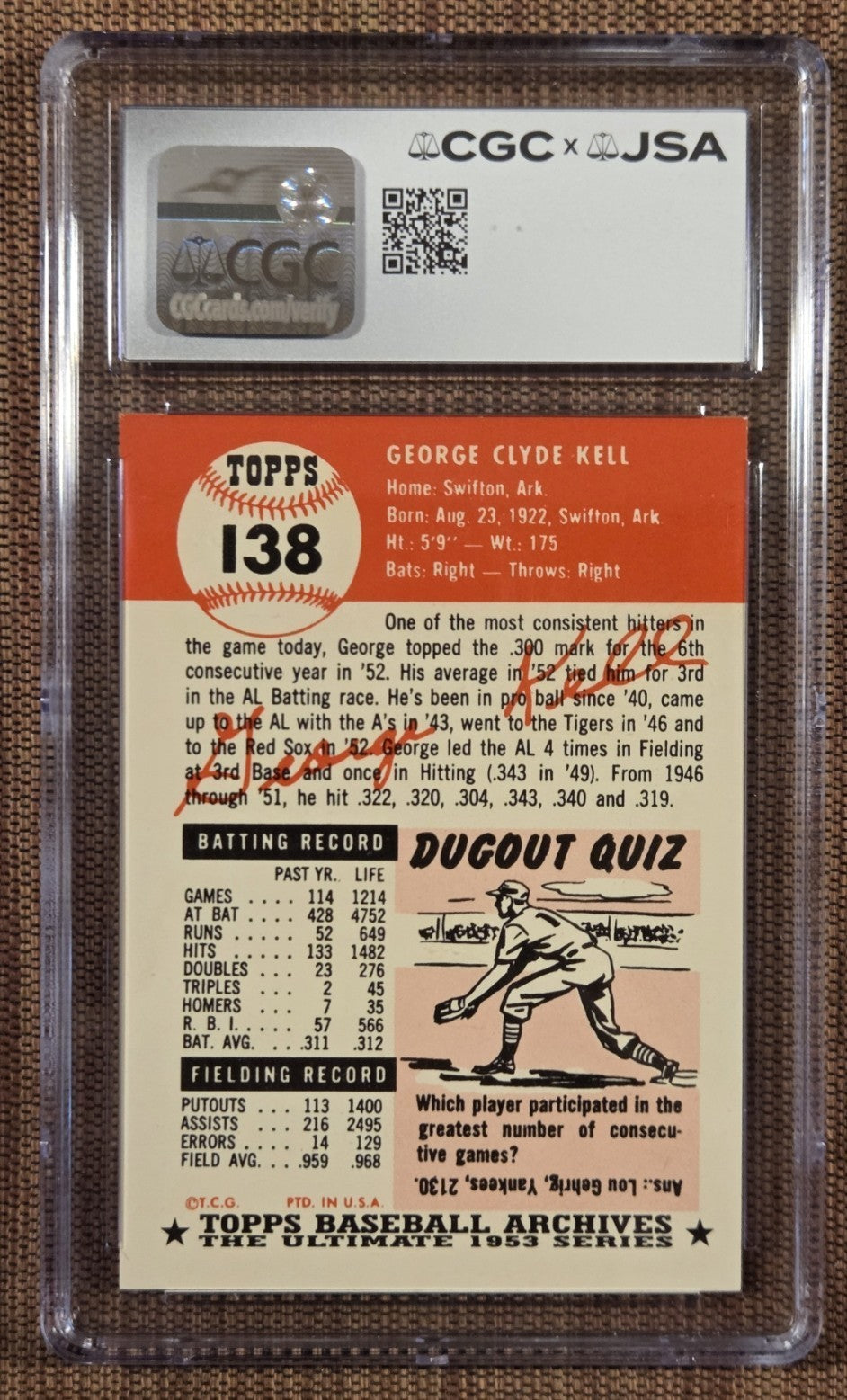 1991 Topps Archives '53 #138 George Kell Red Sox Baseball Card CGC 8/JSA 9 AUTO1