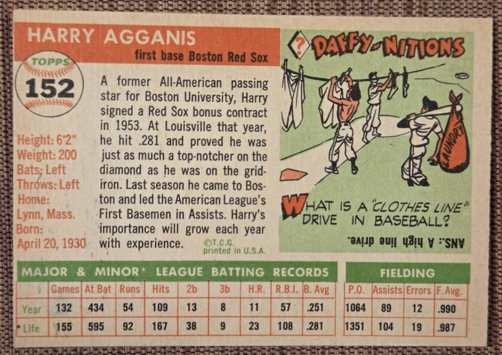 1955 Topps #152 Harry Agganis Boston Red Sox Original Rookie Baseball Card RC5