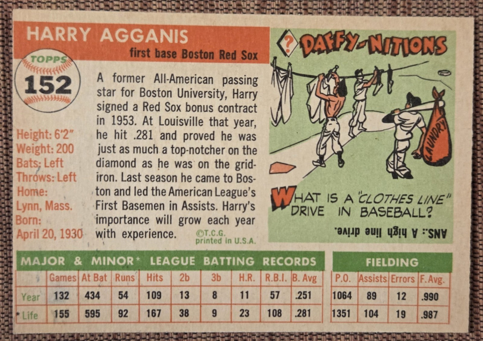 1955 Topps #152 Harry Agganis Boston Red Sox Original Rookie Baseball Card RC5