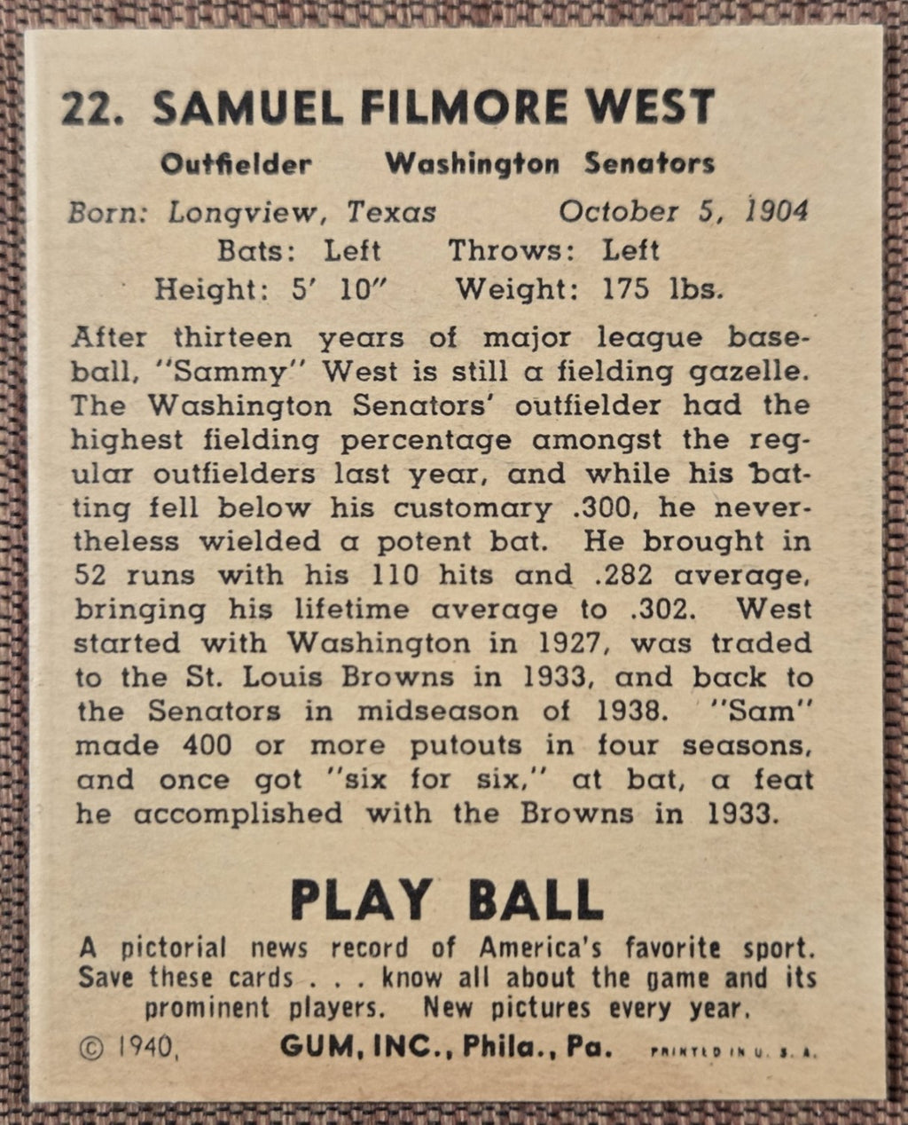 1940 Play Ball #22 Sam West Washington Senators Vintage Original Baseball Card5