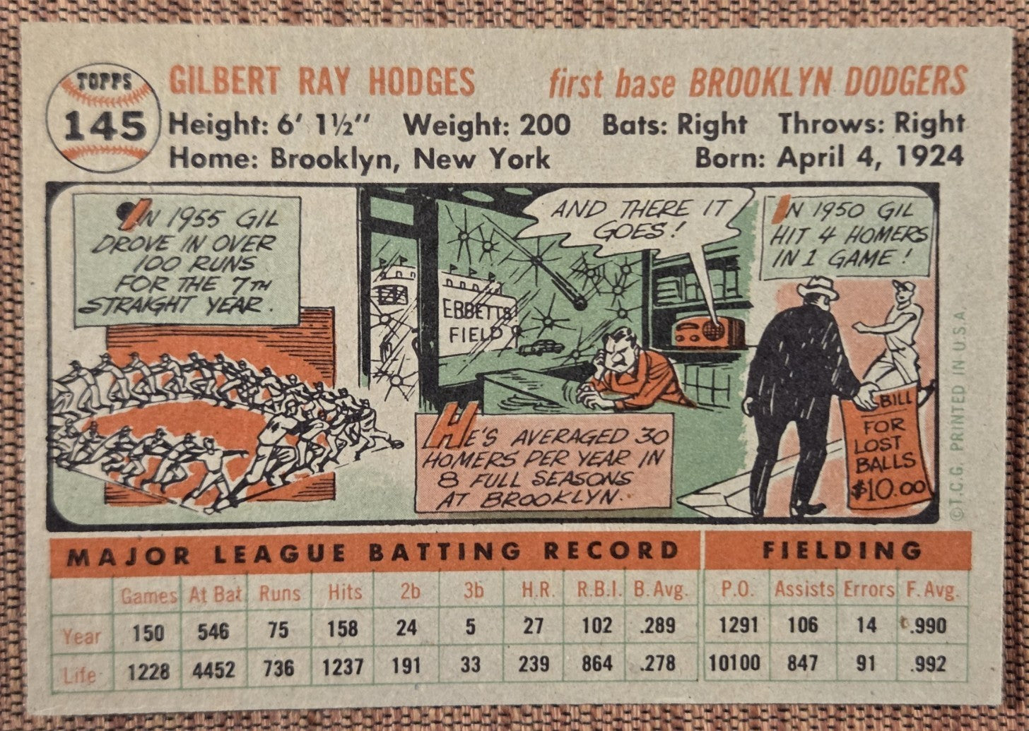 1956 Topps #145 Gil Hodges Brooklyn Dodgers Authentic Original Baseball Card5