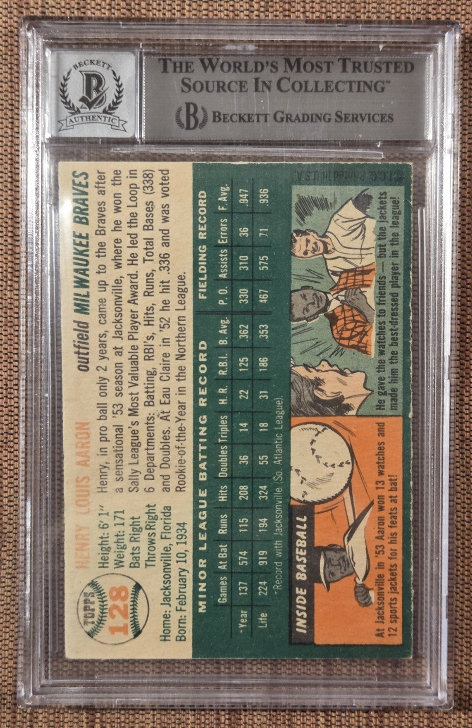 1954 Topps #128 Hank Aaron Milwaukee Braves Baseball Card BGS 7 / BAS 9 AUTO RC1