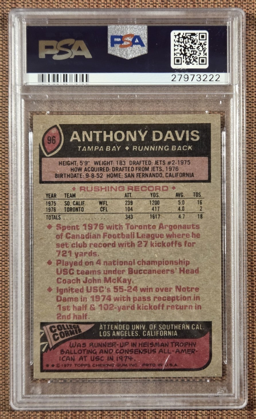 1977 Topps #96 Anthony Davis Tampa Bay Bucs Rookie Football Card PSA 9 Mint RC1