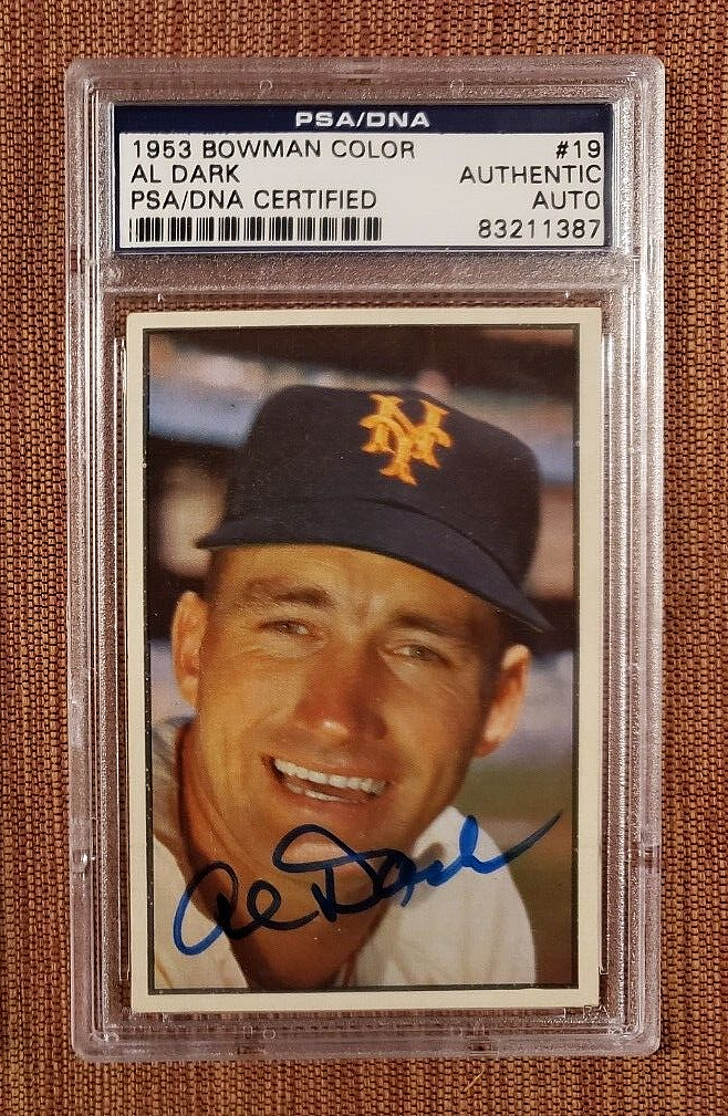 1953 Bowman Color #19 Al Dark Autographed Giants Vintage Baseball Card PSA/DNA0