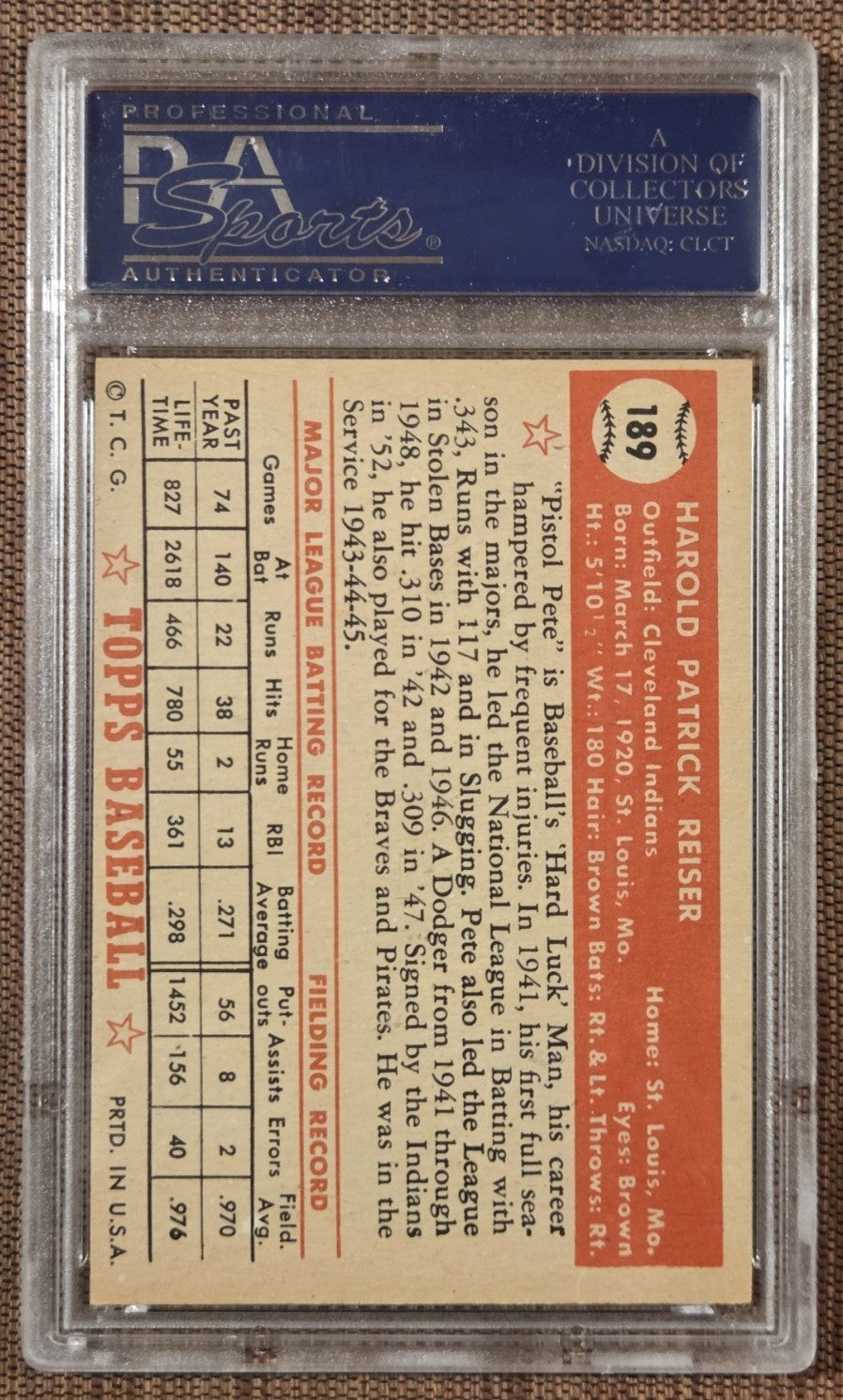 1952 Topps #189 Pete Reiser Cleveland Indians Original Baseball Card PSA 8 OC1