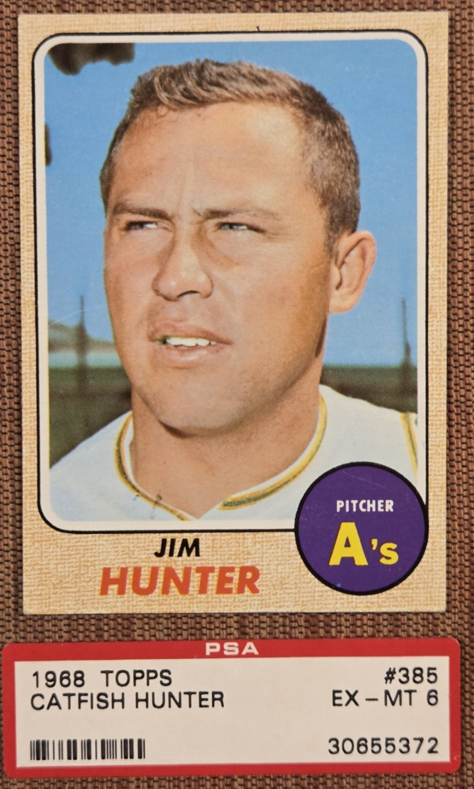 1968 Topps #385 Catfish Hunter Oakland A's PSA 6 cracked Baseball Card HOF0