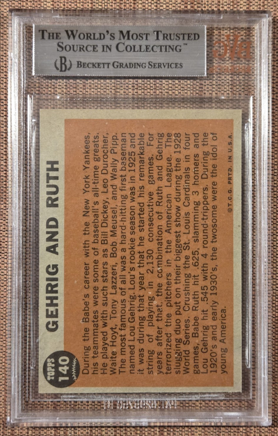 1962 Topps #140 Babe Ruth Gehrig New York Yankees Baseball Card BVG 9 Mint HOF1