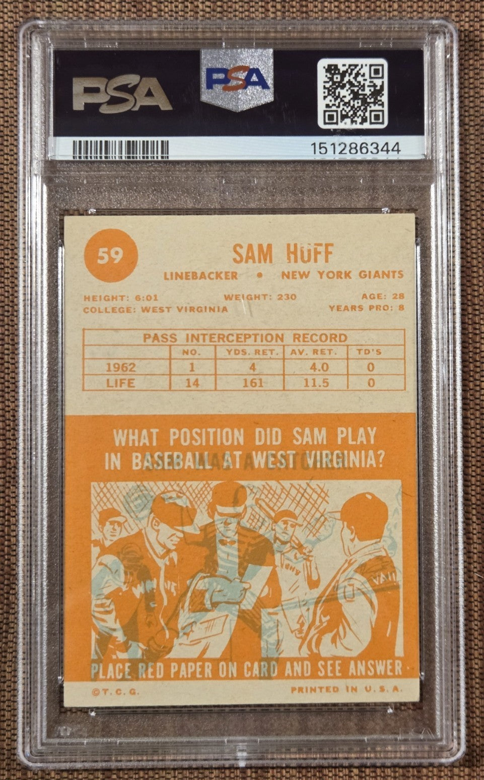 1963 Topps #59 Sam Huff New York Giants Original Football Card PSA 5 EX HOF SP1
