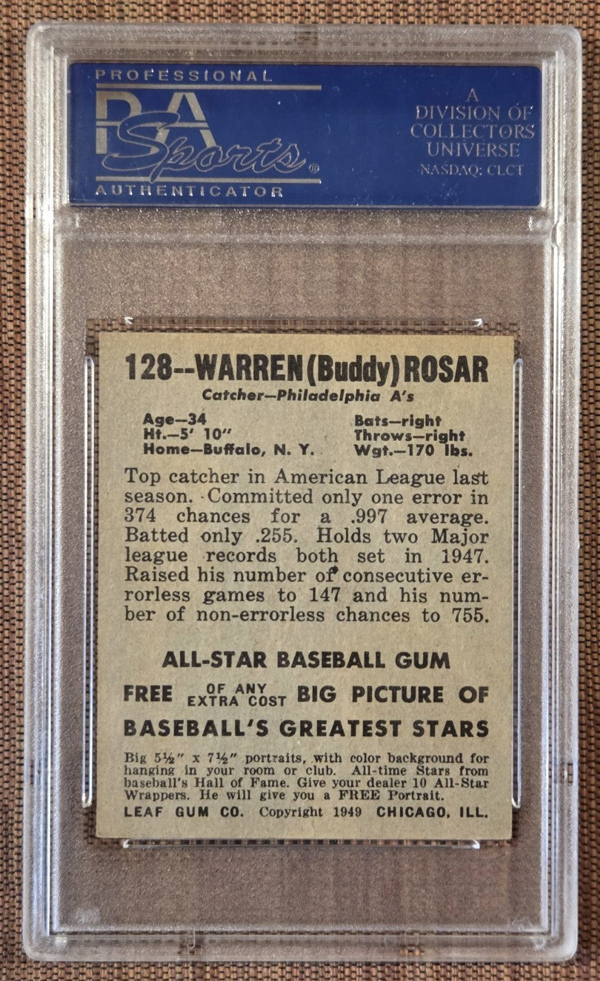1948 Leaf #128 Warren Buddy Rosar Philadelphia A's Original Baseball Card PSA 51