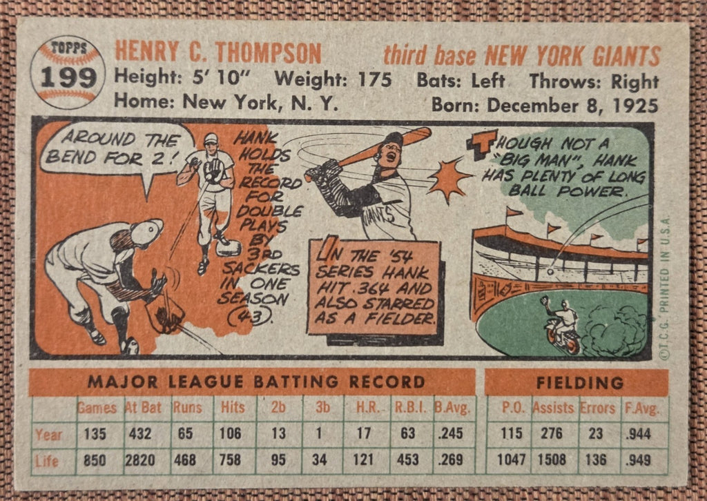 1956 Topps Hank Thompson New York Giants Authentic Original Baseball Card5