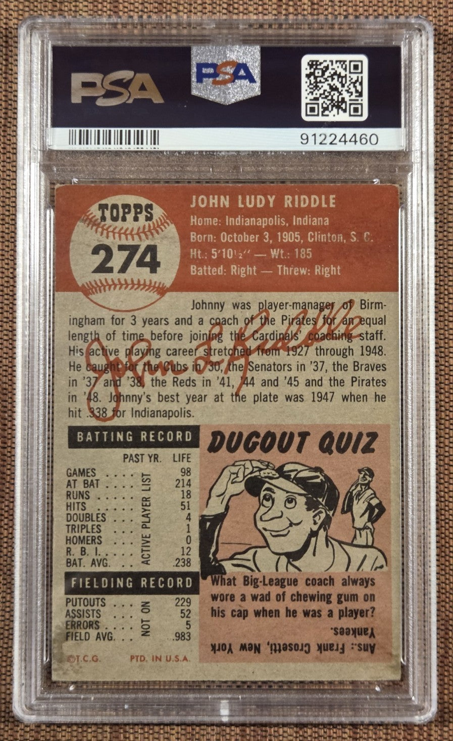1953 Topps #274 John Riddle St. Louis Cardinals Original Baseball Card PSA 4 SP1