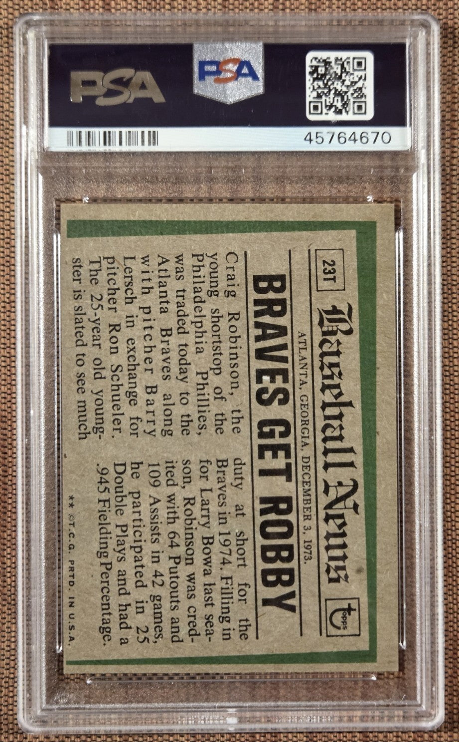 1974 Topps Traded #23T Craig Robinson Atlanta Braves Baseball Card PSA 8 NM/MT1