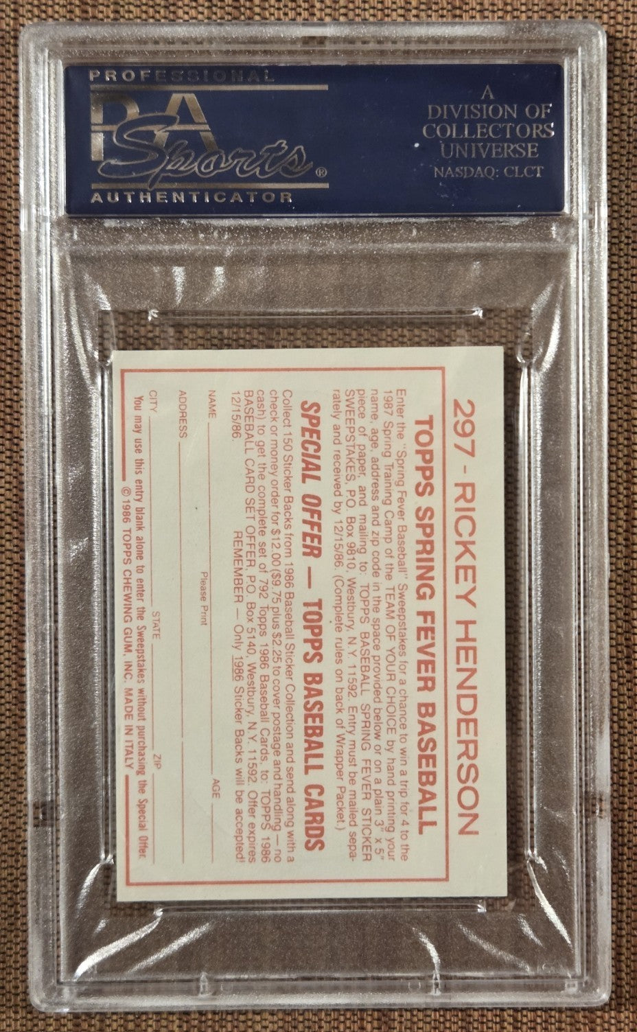1986 Topps Sticker #297 Rickey Henderson Oakland A's Baseball Card PSA9 Mint HOF1