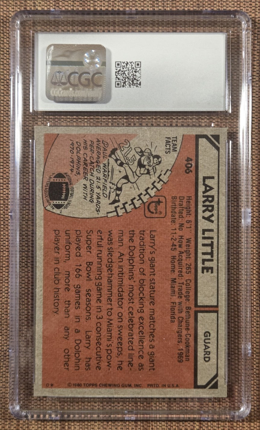 1980 Topps #406 Larry Little Miami Dolphins Football Card CGC 8 NM/MT HOF1