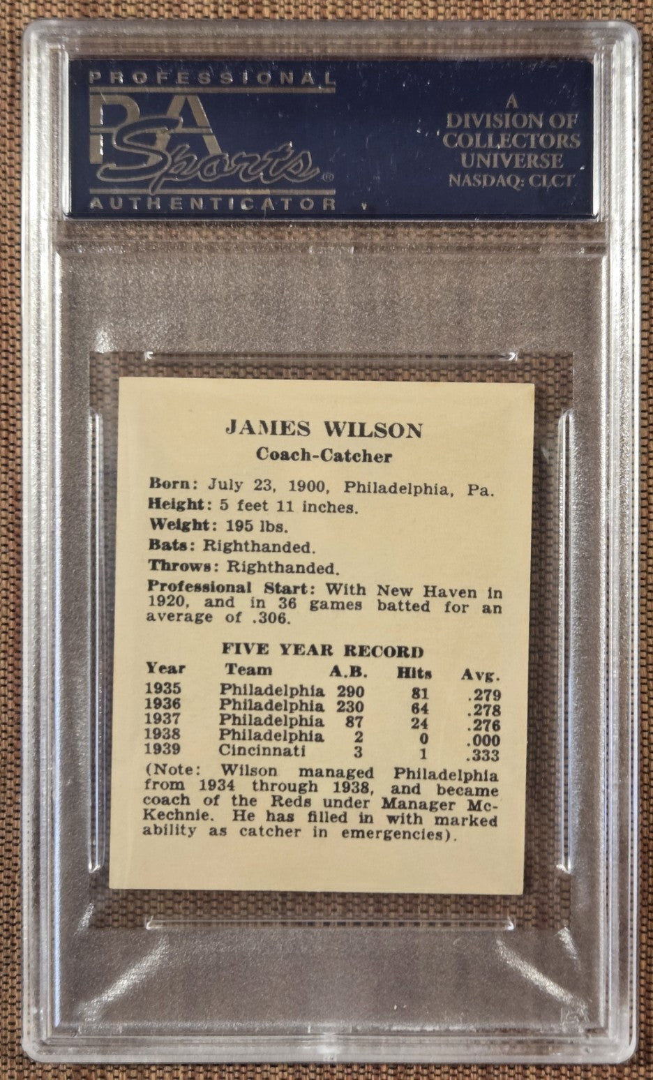 1940 Cincinnati Reds Team Issue W71102 James Wilson Baseball Card PSA 9 Mint1