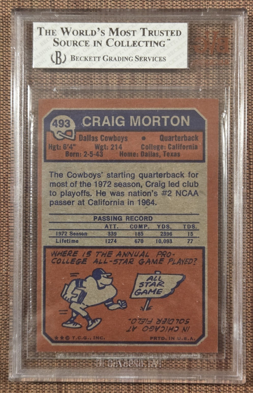 1973 Topps #493 Craig Morton Dallas Cowboys Original Football Card BVG 8 NM/MT1
