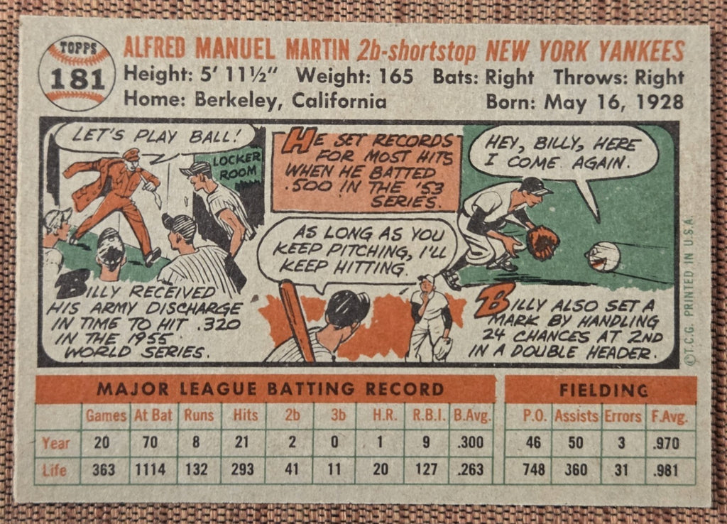1956 Topps #181 Billy Martin New York Yankees Authentic Original Baseball Card6