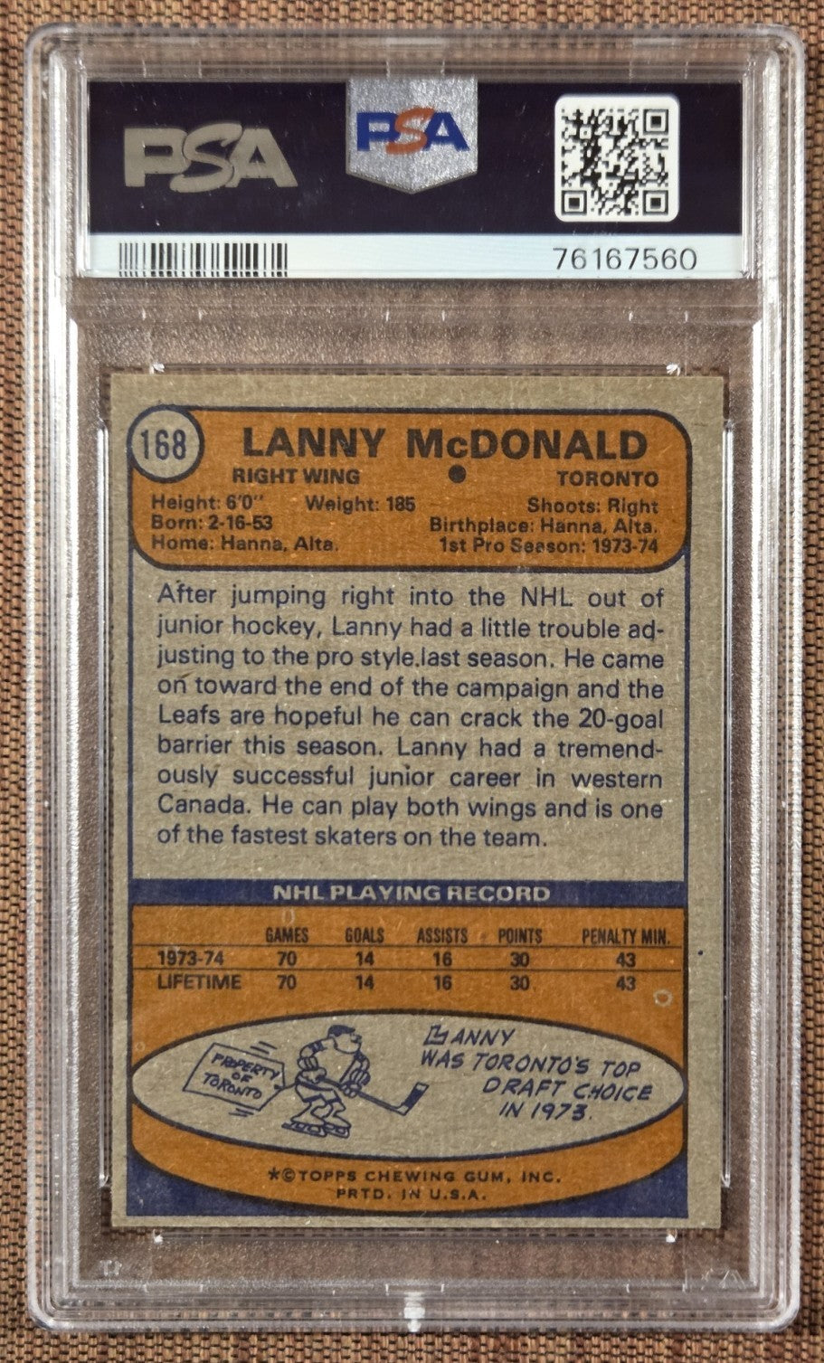 1974 Topps #168 Lanny McDonald Toronto Maple Leafs Rookie Hockey Card PSA 8 RC1