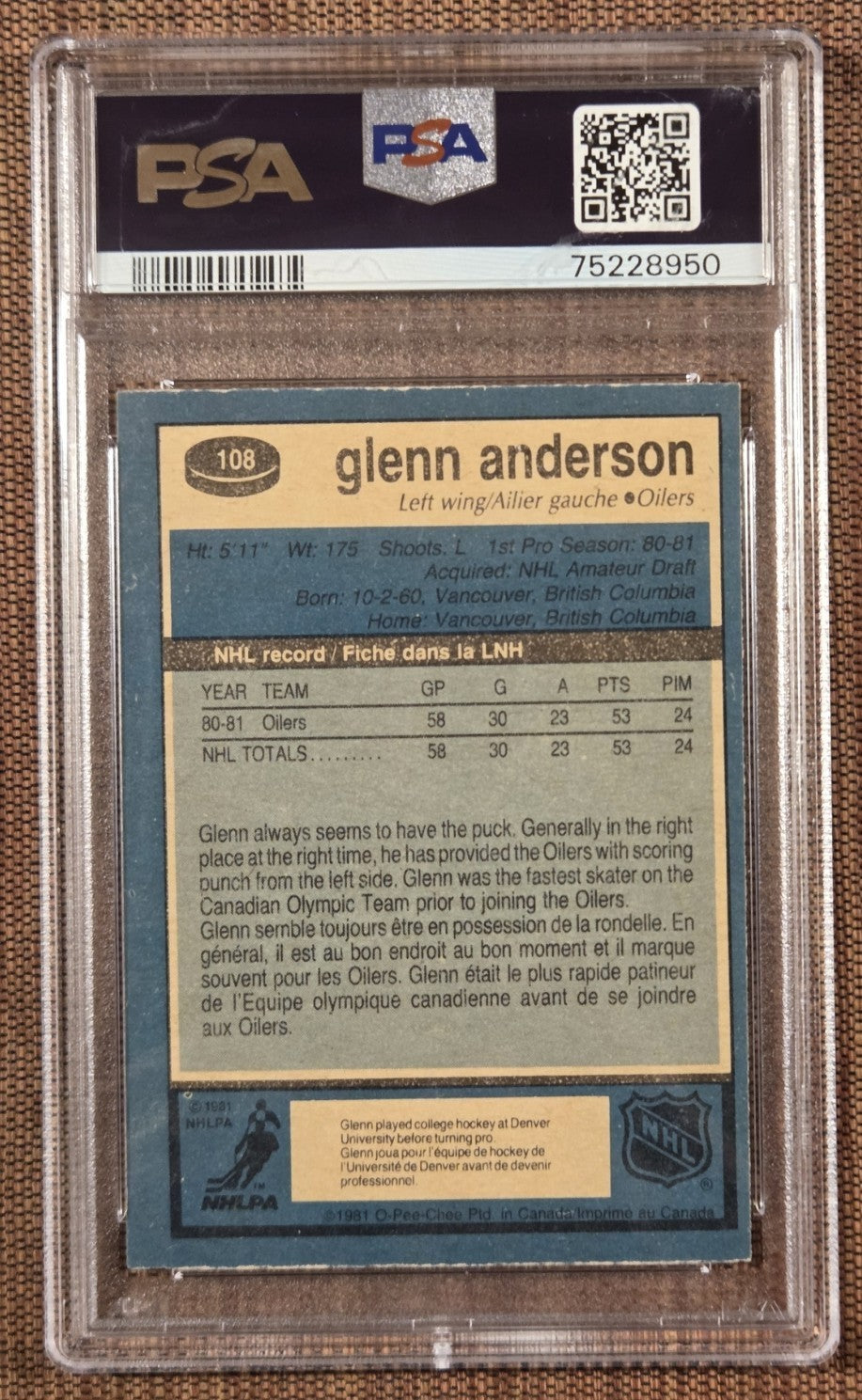 1981 O-Pee-Chee #108 Glenn Anderson Oilers Hockey Card PSA 9 / DNA 10 AUTO RC1