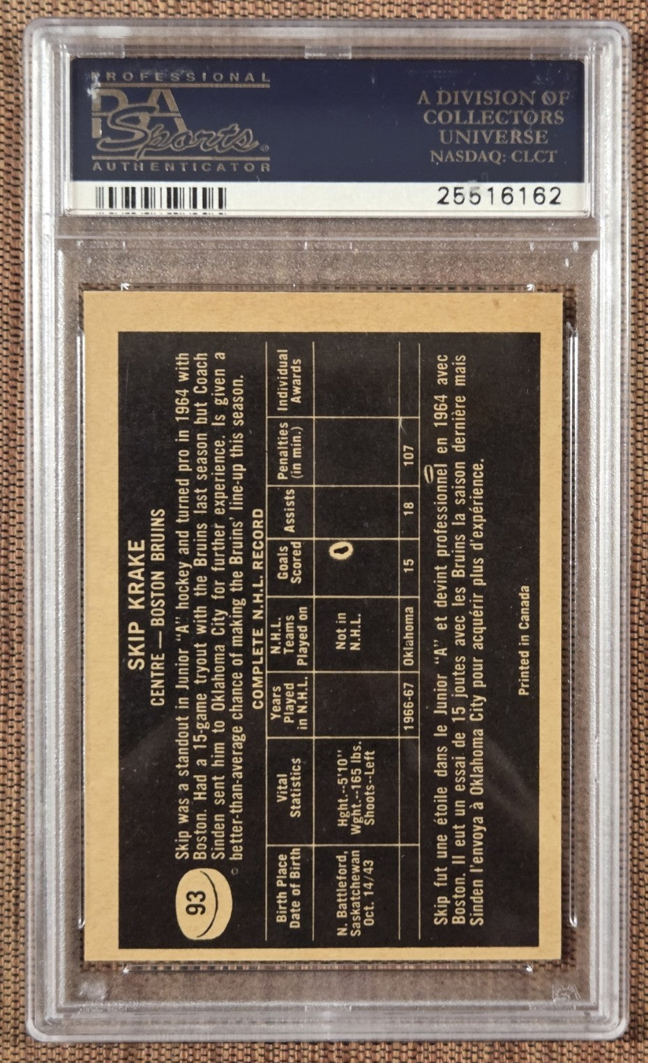 1967 Topps #93 Paul Skip Krake Boston Bruins Rookie Hockey Card PSA 5 EX RC1