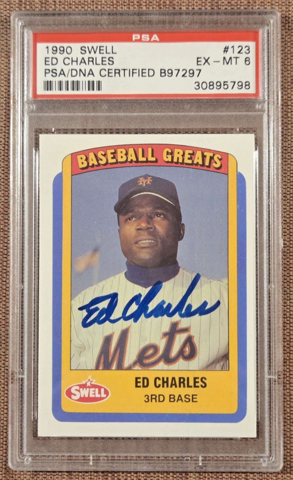 1990 Swell #123 Ed Charles New York Mets Original Baseball Card PSA 6 / DNA AUTO0