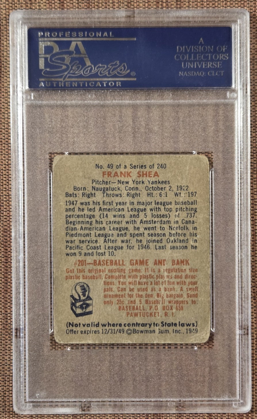 1949 Bowman #49 Frank Shea New York Yankees Baseball Card PSA 1 / DNA AUTO1