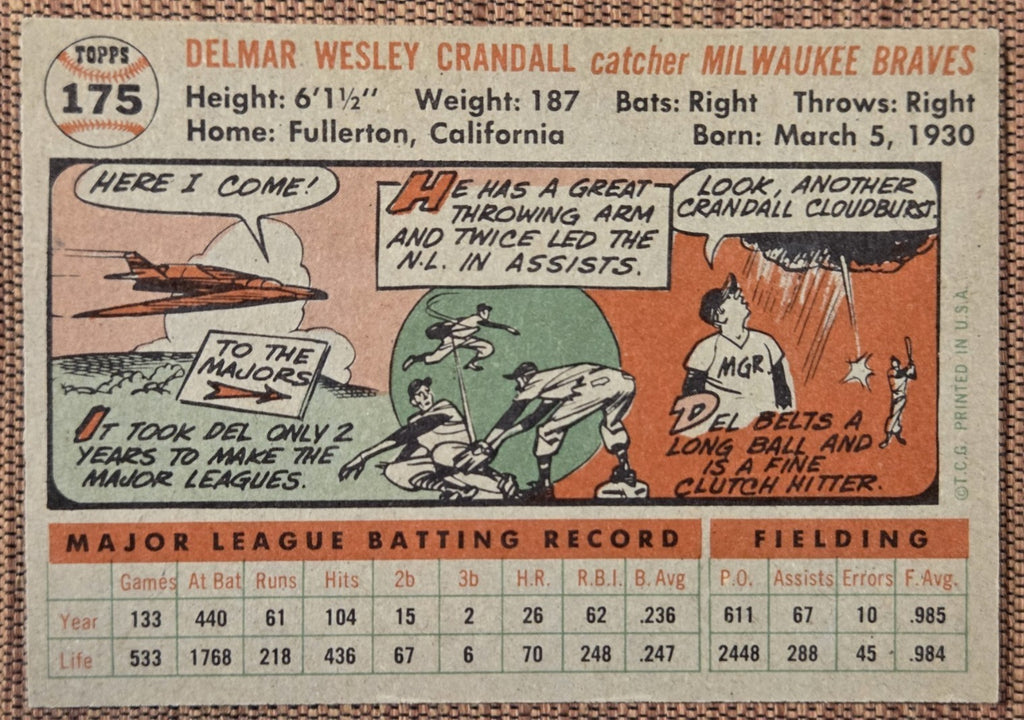 1956 Topps #175 Del Crandall Milwaukee Braves Vintage Original Baseball Card5