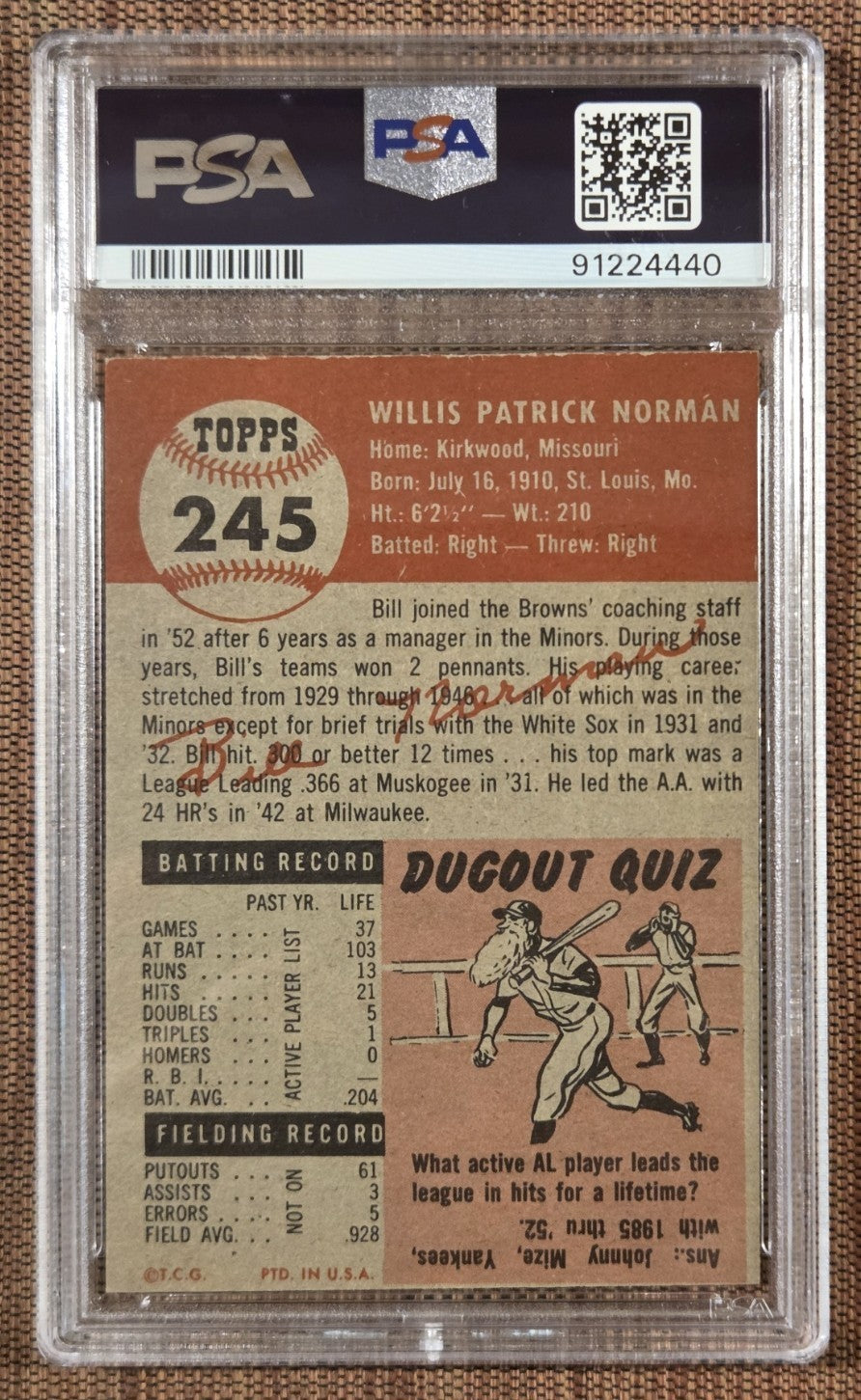 1953 Topps #245 Bill Norman St. Louis Browns Original Baseball Card PSA 6 EX/MT1