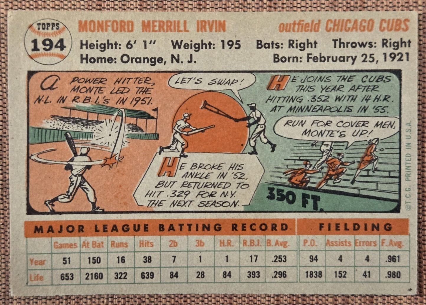 1956 Topps #194 Monte Irvin New York Giants Vintage Original Baseball Card HOF5