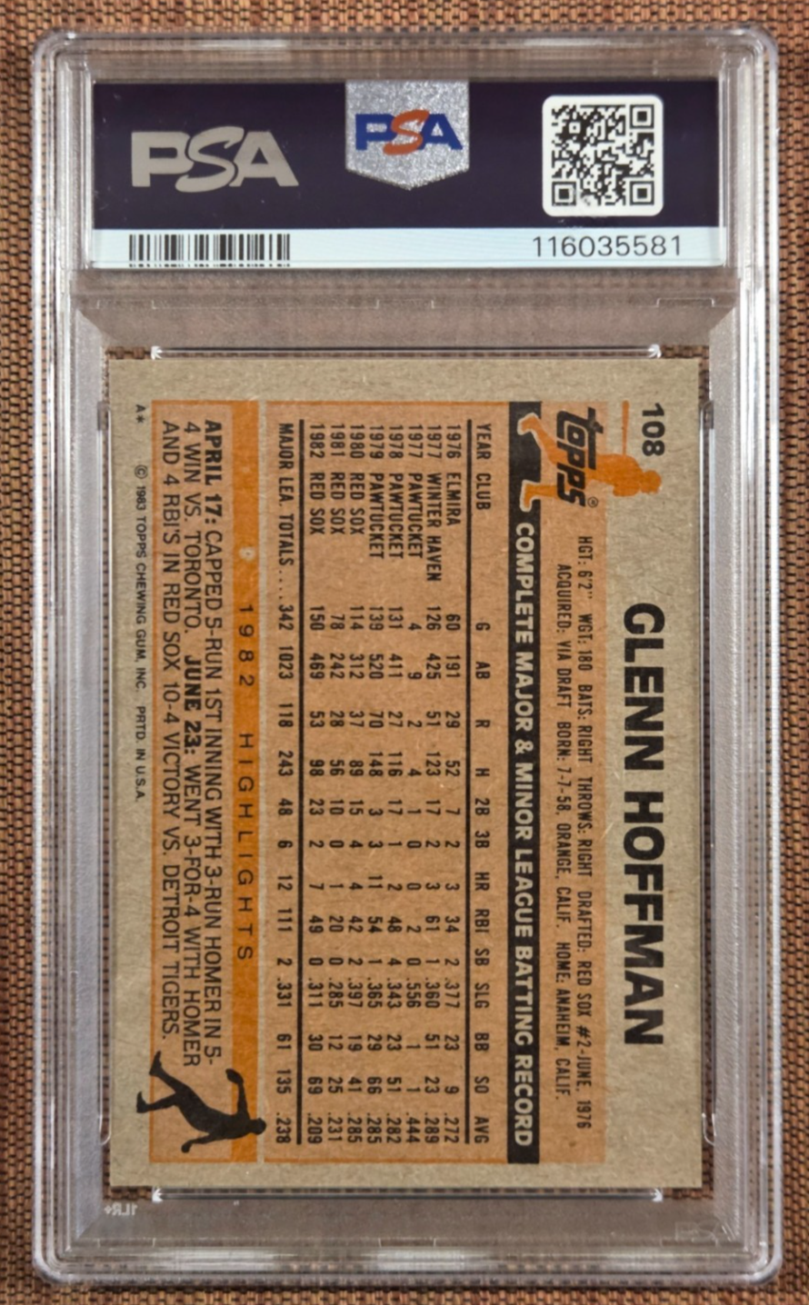 1983 Topps #108 Glenn Hoffman Boston Red Sox Original Baseball Card PSA 9 Mint1