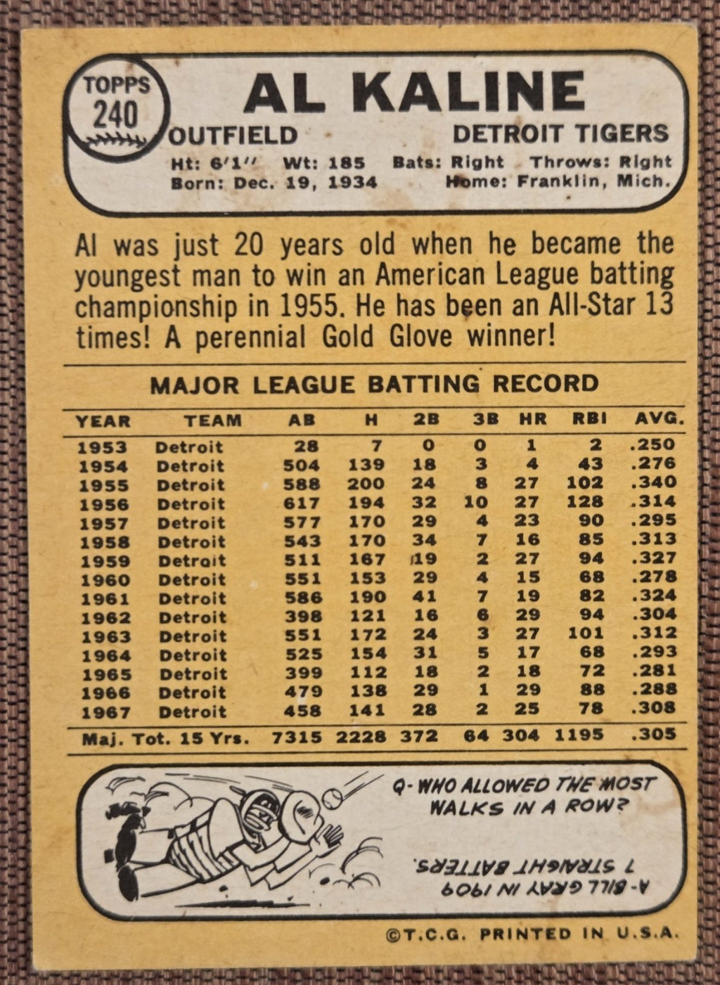 1968 Topps #240 Al Kaline Detroit Tigers Authentic Original Baseball Card HOF5