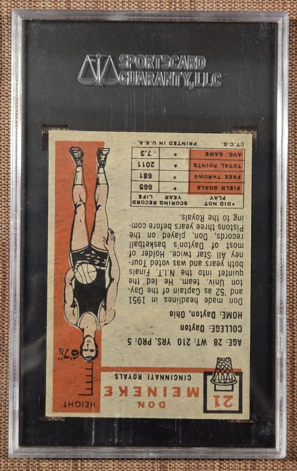 1957 Topps #21 Don Meineke Cincinnati Royals Rookie Basketball Card SGC 7 NM RC1