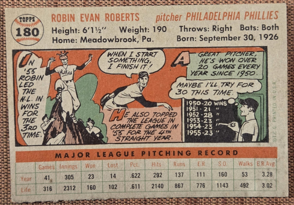 1956 Topps #180 Robin Roberts Philadelphia Phillies Original Baseball Card HOF5