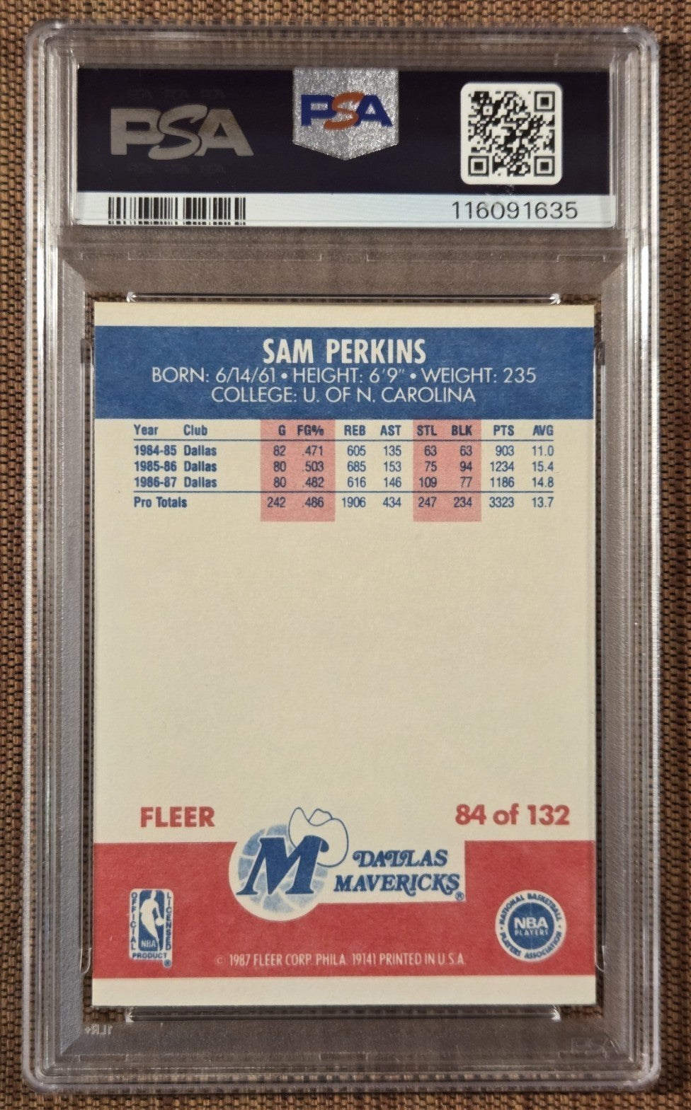 1987 Fleer #84 Sam Perkins Dallas Mavericks Basketball Card PSA 6 / DNA 8 AUTO1