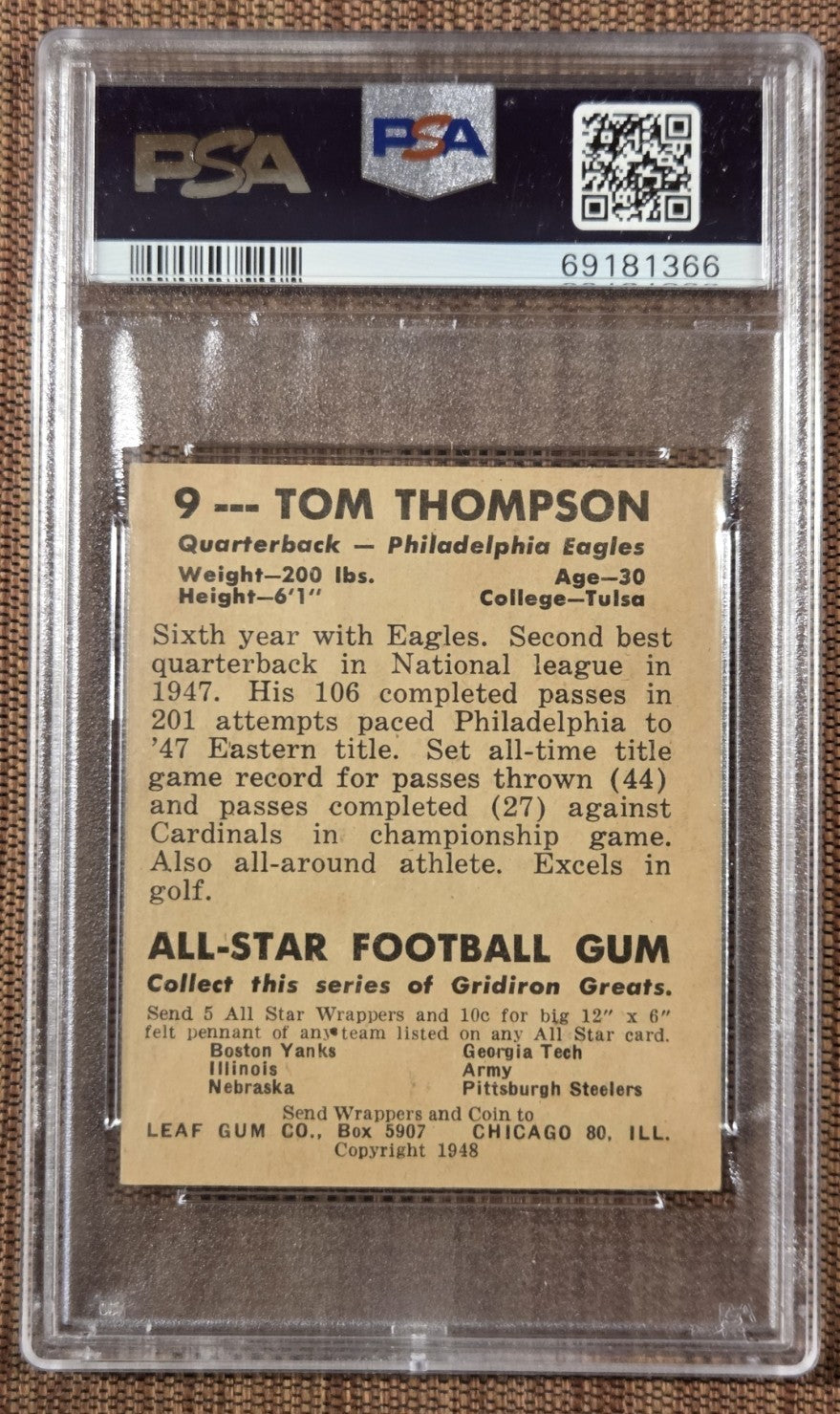 1948 Leaf GR JSY #9 Tommy Thompson Philadelphia Eagles Football Card PSA 6 EX/MT1