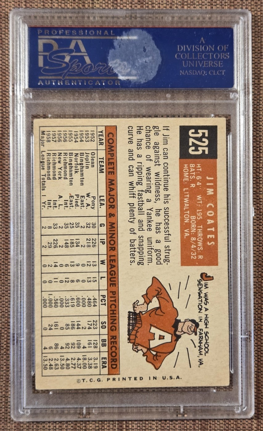 1959 Topps #525 Jim Coates NY Yankees Rookie Baseball Card PSA/DNA AUTO RC1