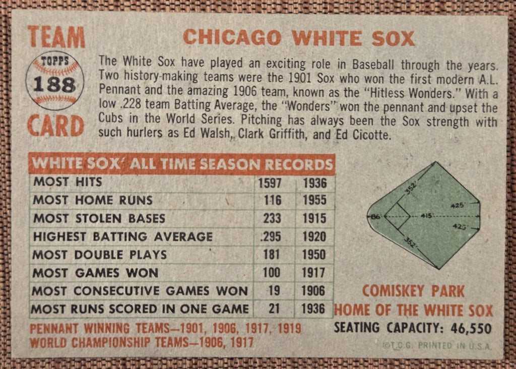 1956 Topps #188 Chicago White Sox Baseball Card Kell Fox Minoso Keller Dropo5