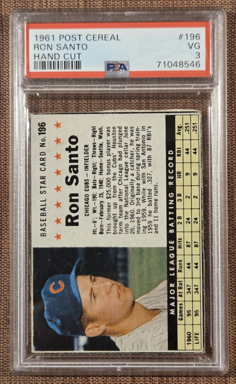 1961 Post Cereal #196 Ron Santo Chicago Cubs Rookie Baseball Card PSA 3 RC0