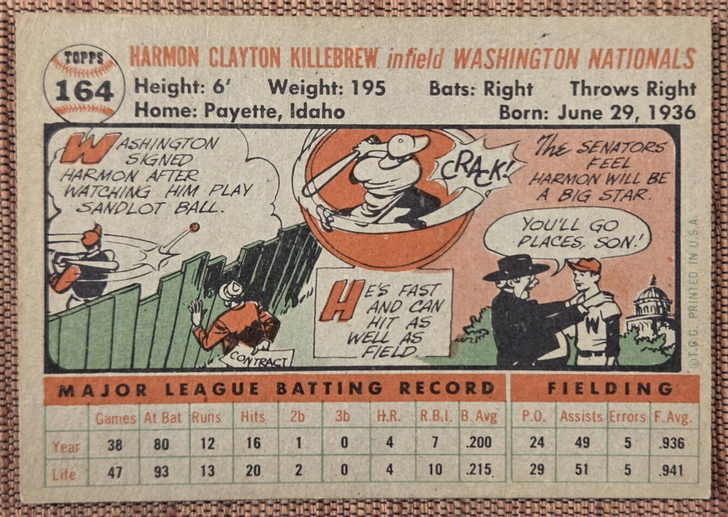 1956 Topps #164 Harmon Killebrew Senators Twins Original Baseball Card HOF5