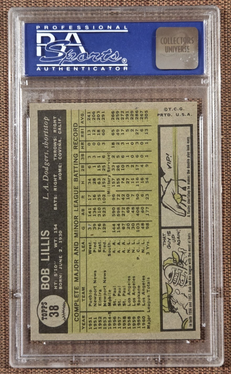1961 Topps #38 Bob Lillis Los Angeles Dodgers Original Baseball Card PSA 8 NM/MT1