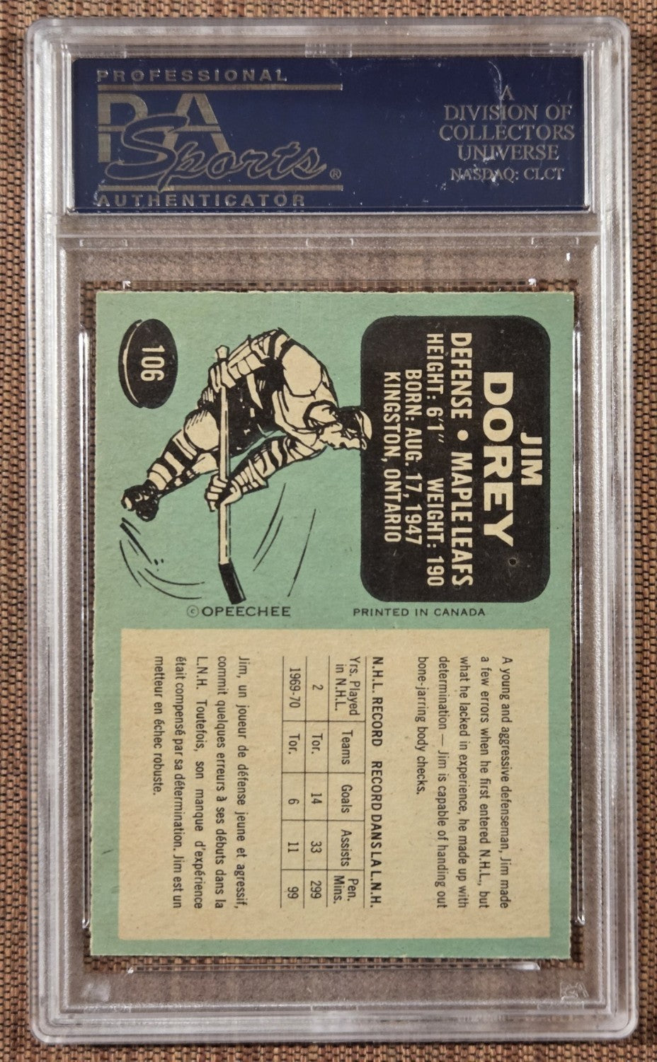 1970 O-Pee-Chee #106 Jim Dorey Toronto Maple Leafs Original Hockey Card PSA 7 NM1