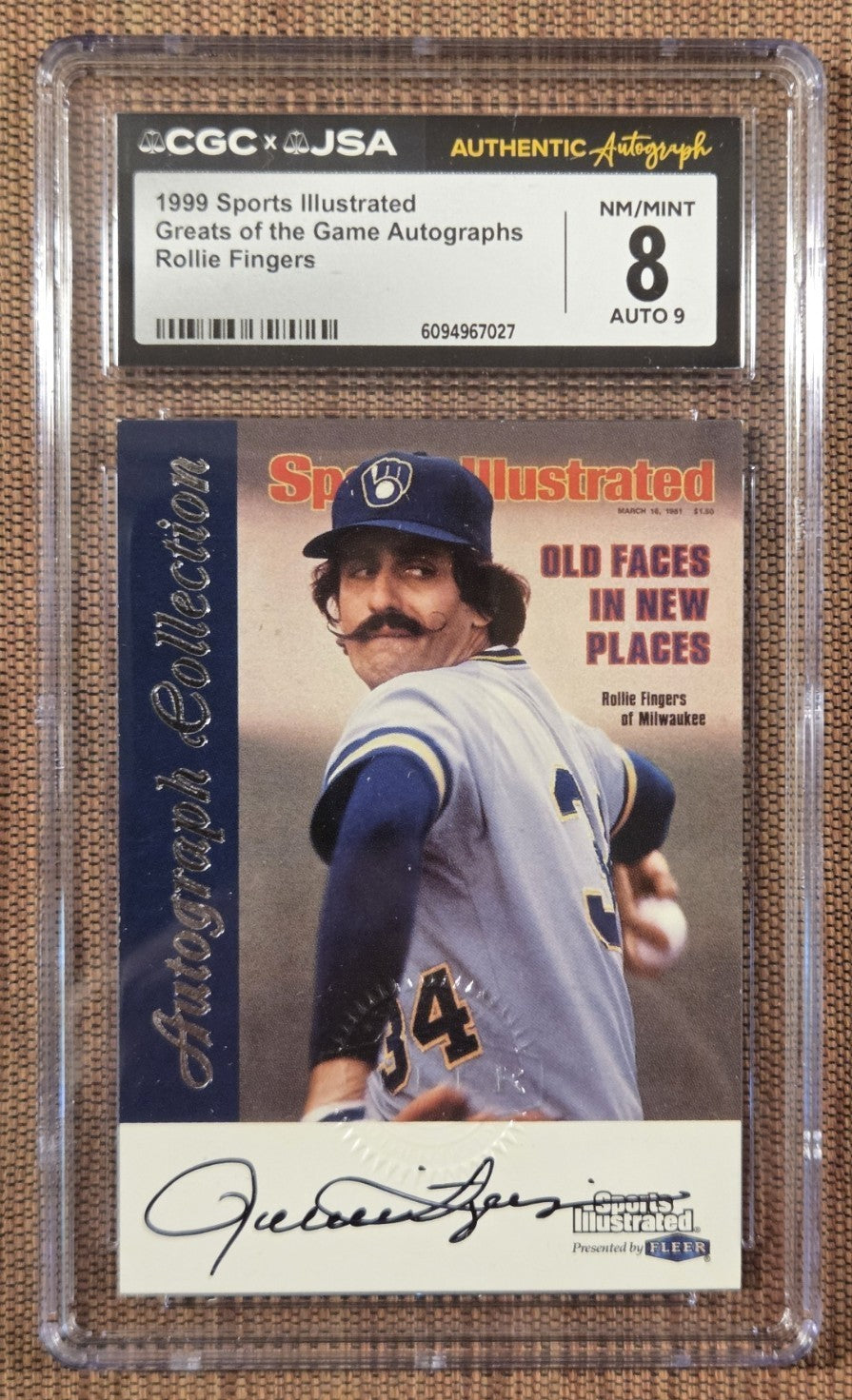 1999 Sports Illustrated AUTO Rollie Fingers Brewers Baseball Card CGC8/JSA9 HOF0