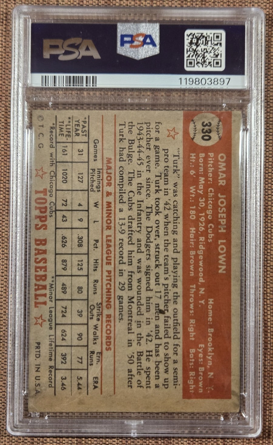 1952 Topps #330 Turk Lown Chicago Cubs Rookie Baseball Card PSA 4/DNA 8 Auto RC1