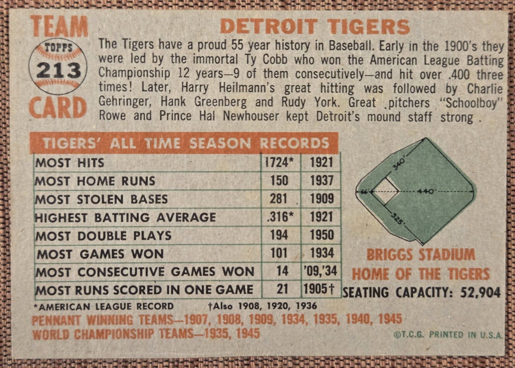 1956 Topps #213 Detroit Tigers Baseball Card Al Kaline Kuenn Bunning Lary Fox5